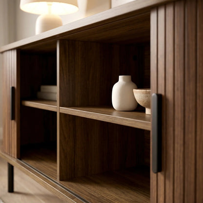 TV Stand for TVs up to 60", Modern Entertainment Center with Curved Sliding Doors, Walnut Brown TV Stands at Gallery Canada
