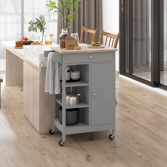 Modern Rolling Kitchen Island Cart with Drawer, Natural Wood Top, Towel Rack, Door Storage Cabinet, Grey - Gallery Canada