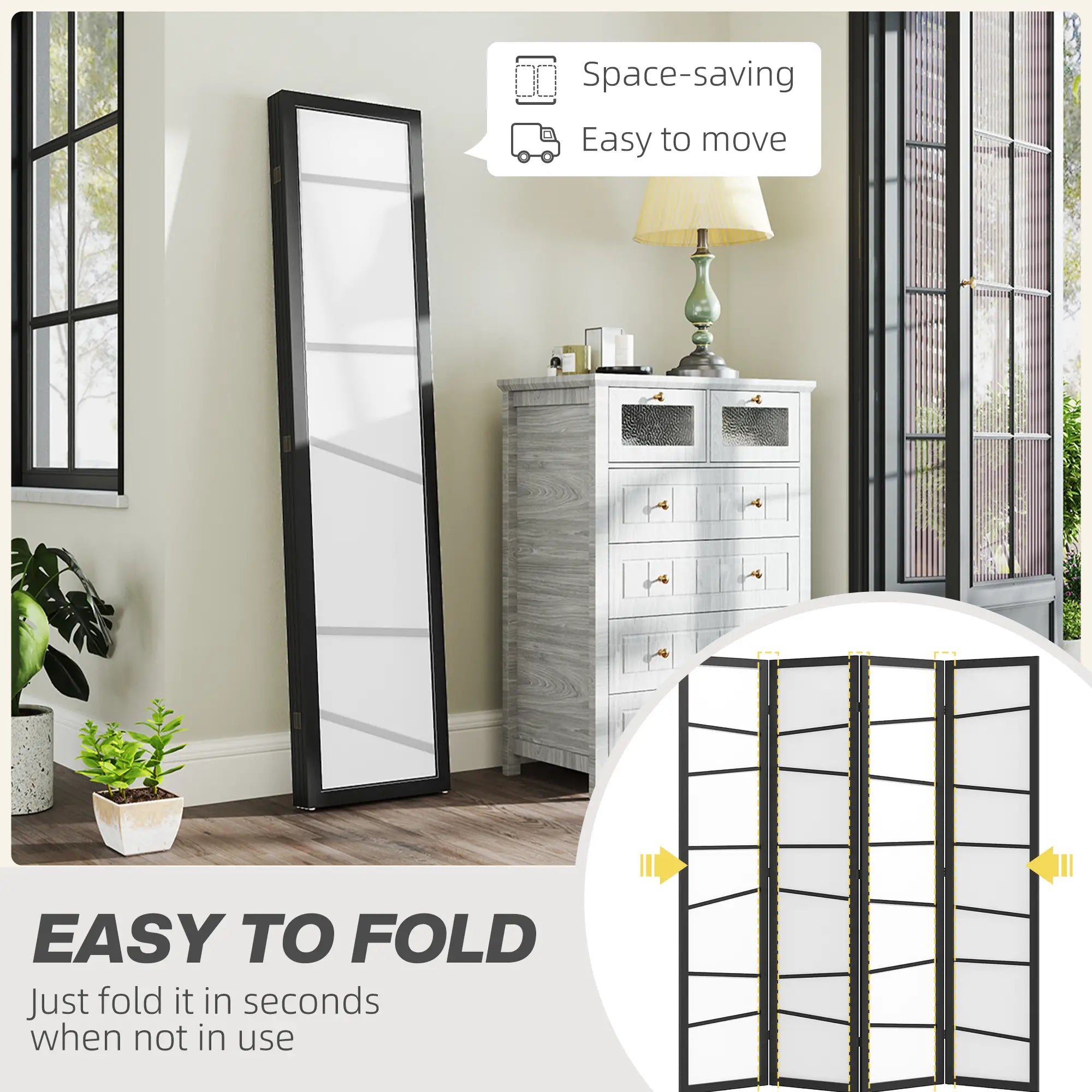 5.6ft Folding Room Divider, 4 Panel Wood Frame, White Room Dividers at Gallery Canada