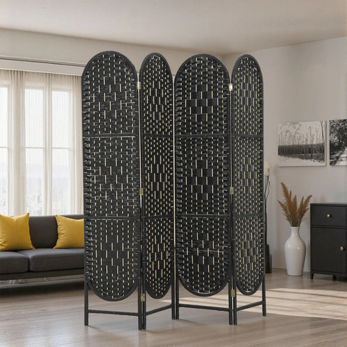 Bohemian Privacy Screen, 4 Panel Folding Room Divider, Arched Top, Black