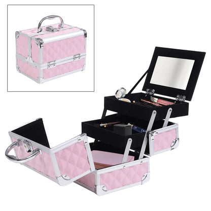 3 Tier Diamond Texture Makeup Case, Cosmetic Organizer with Mirror, Pink Makeup Cases at Gallery Canada
