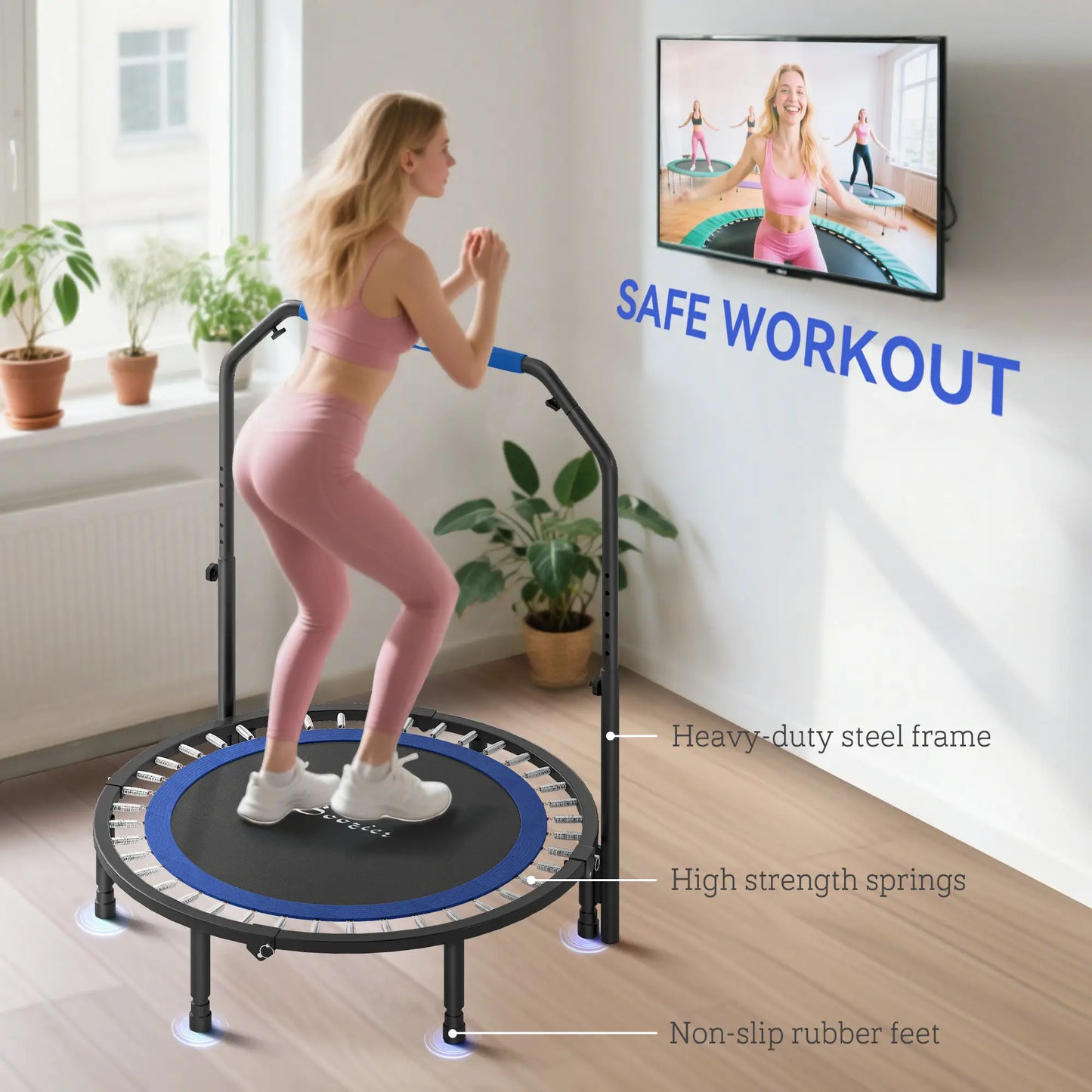 45" Foldable Mini Fitness Trampoline, Adjustable Foam Handle, Blue Trampolines at Gallery Canada