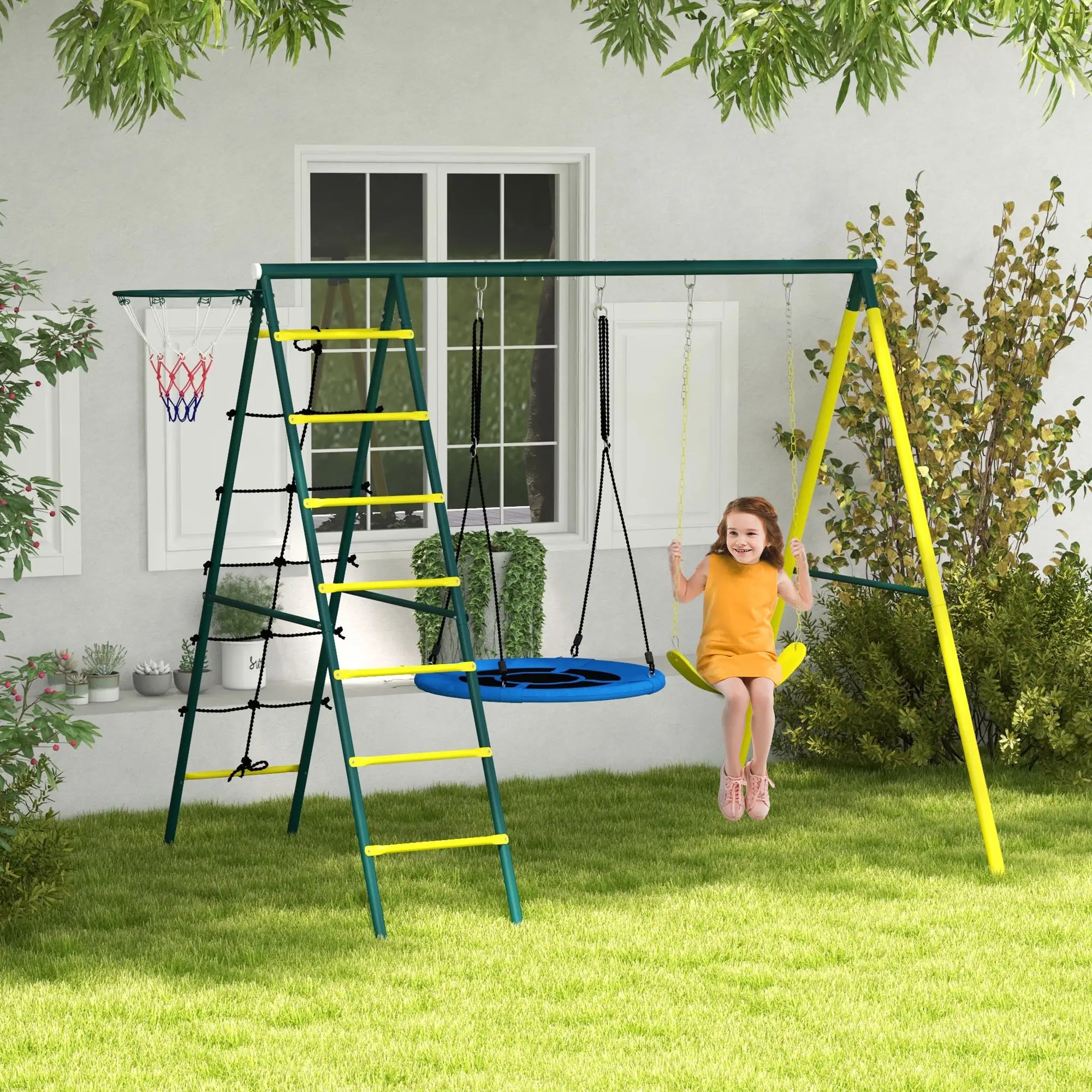 4 in 1 Swing Set, Saucer Swing, Seat, Ladder, Basketball Hoop, 3-8 Years, Yellow Gym Sets & Swings at Gallery Canada