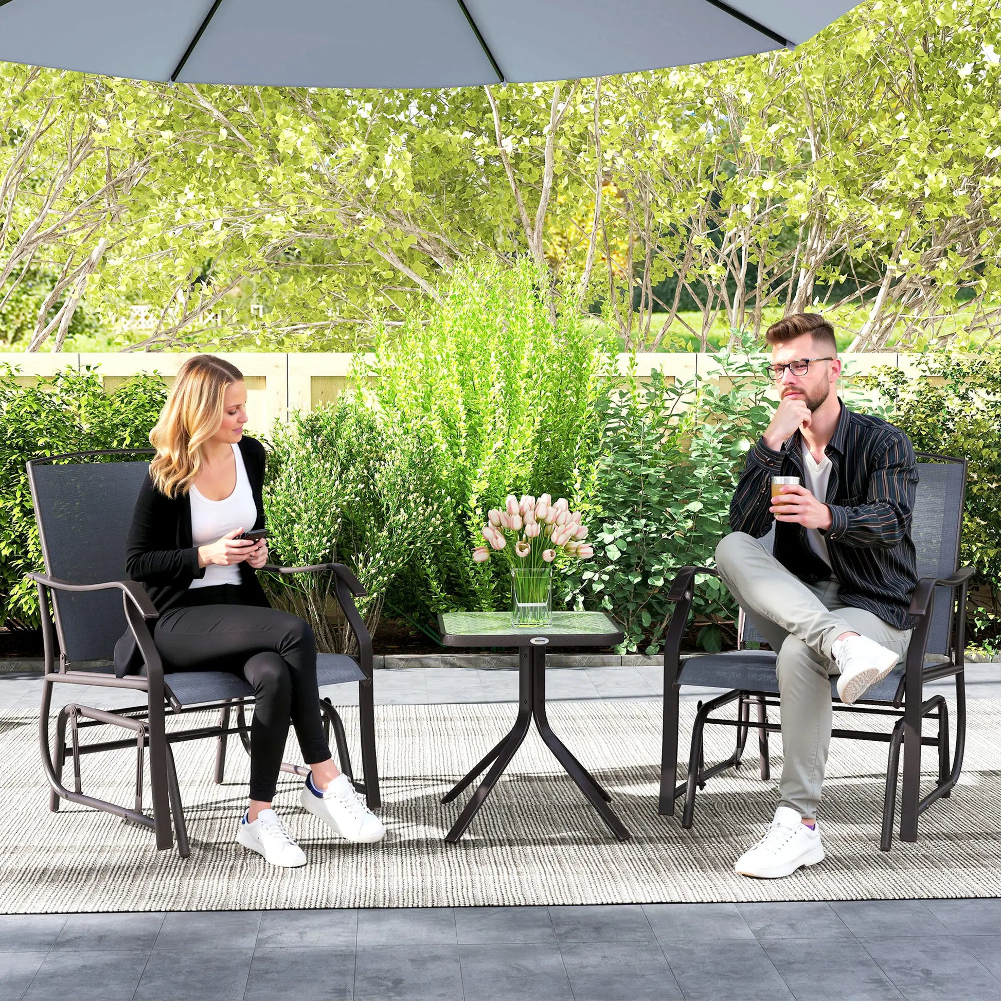 3 Piece Patio Glider Set, Breathable Mesh Seat, Glass Top Table, Grey Outdoor Gliders at Gallery Canada