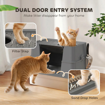XL Stainless Litter Box With 100° Flip Top, Scoop, Dual Entry, Stainless