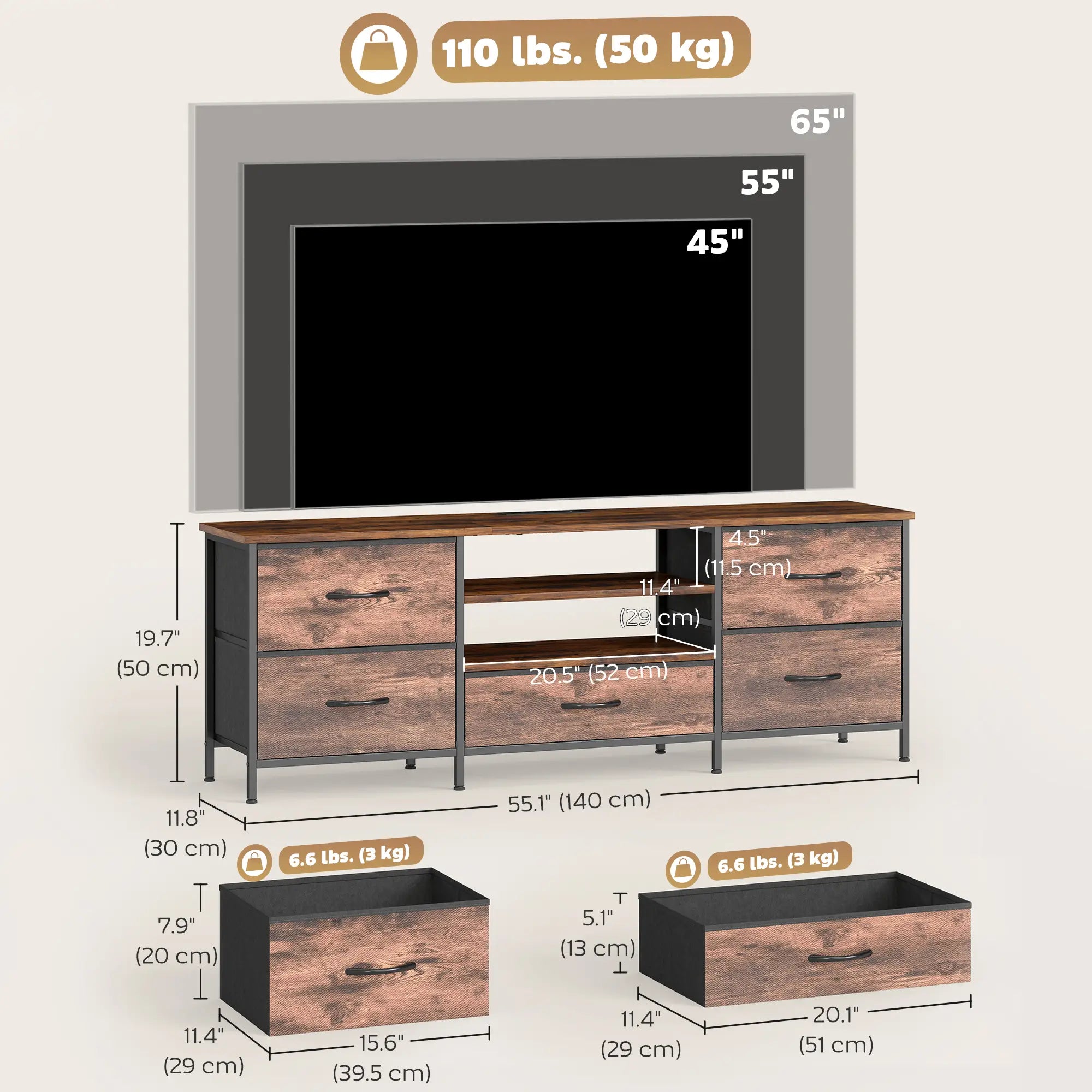 TV Stand For 65 Inch TVs, Industrial Console With Charging Station, 5 Drawers, Rustic Brown TV Stands at Gallery Canada
