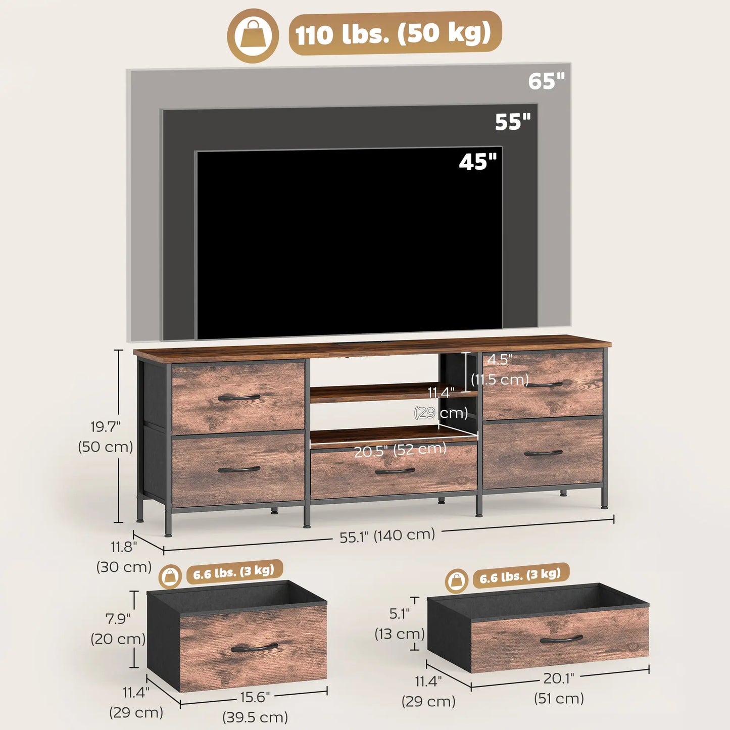 TV Stand For 65 Inch TVs, Industrial Console With Charging Station, 5 Drawers, Rustic Brown TV Stands at Gallery Canada