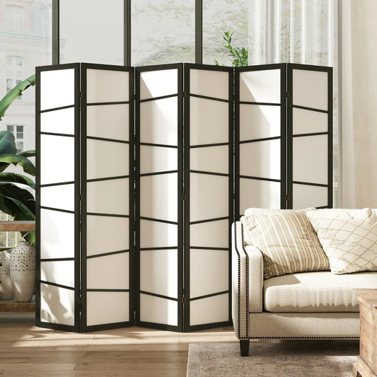 66.9" Folding Room Divider, 6 Panel Wood Frame Partition, White Room Dividers White, Black at Gallery Canada