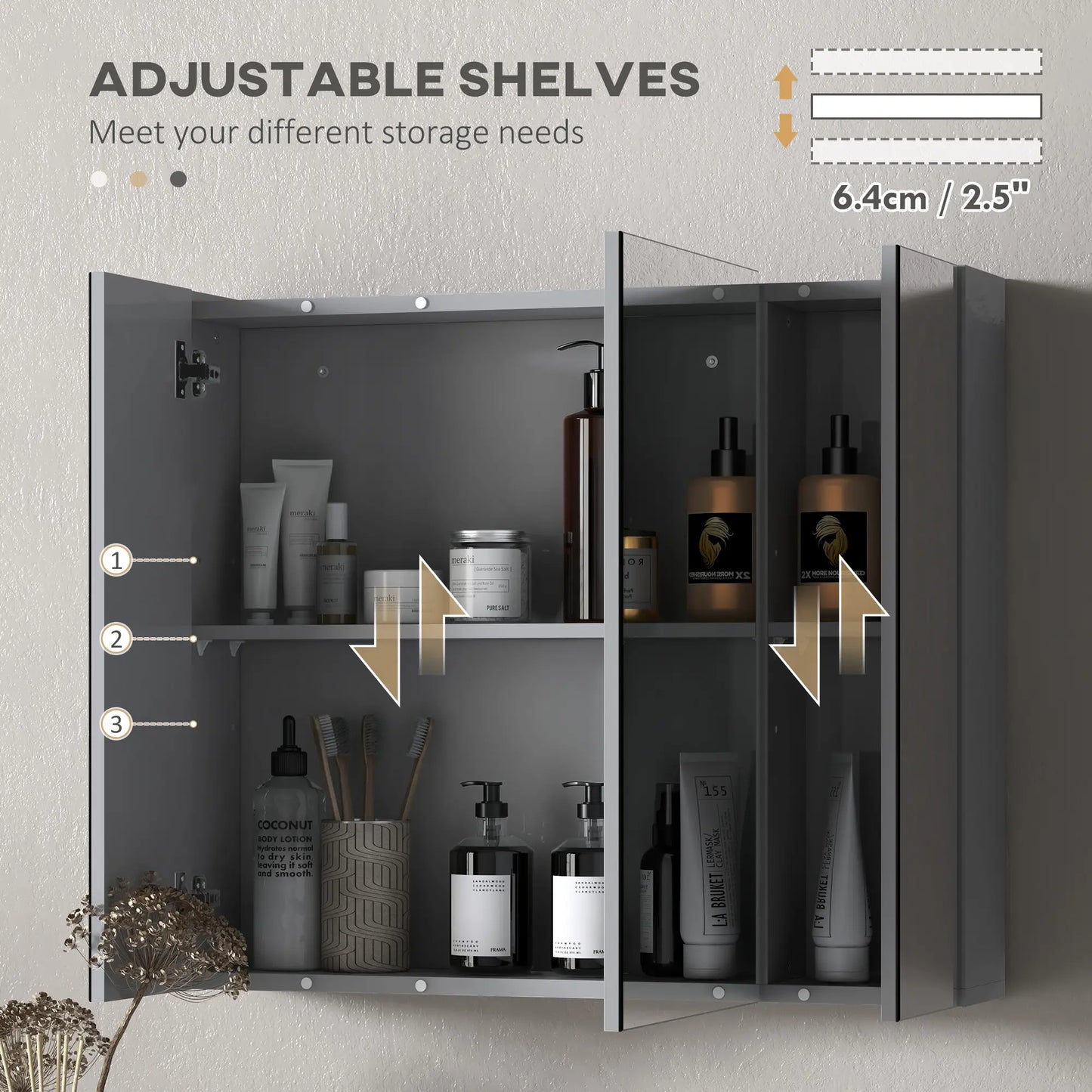 28" x 24" Wall Mounted Mirror Cabinet, 3 Doors, Adjustable Shelves, Grey Mirror Medicine Cabinets at Gallery Canada