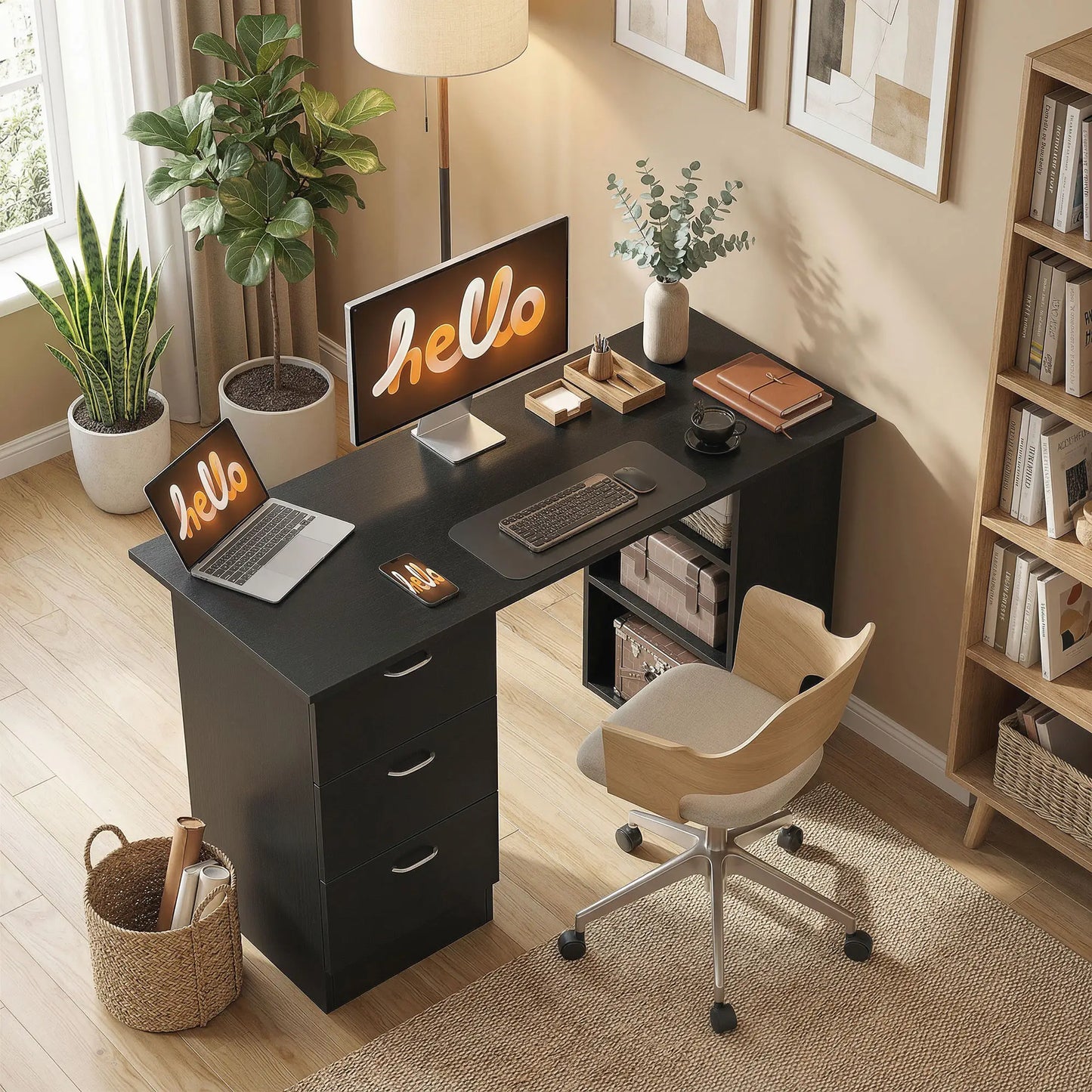 47 Inches Office Desk, 3-Tier Storage Shelves, Black Writing Desks at Gallery Canada