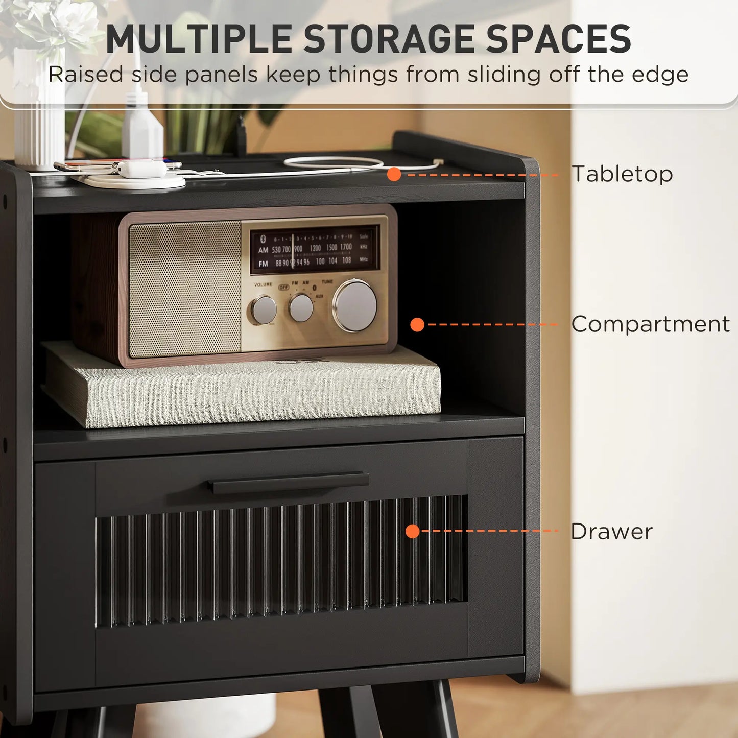 Modern Nightstands Set of 2, Charging Station, Storage, Glass Door, Black Side Tables at Gallery Canada