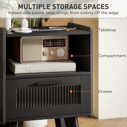 Modern Nightstands Set of 2, Charging Station, Storage, Glass Door, Black Side Tables at Gallery Canada