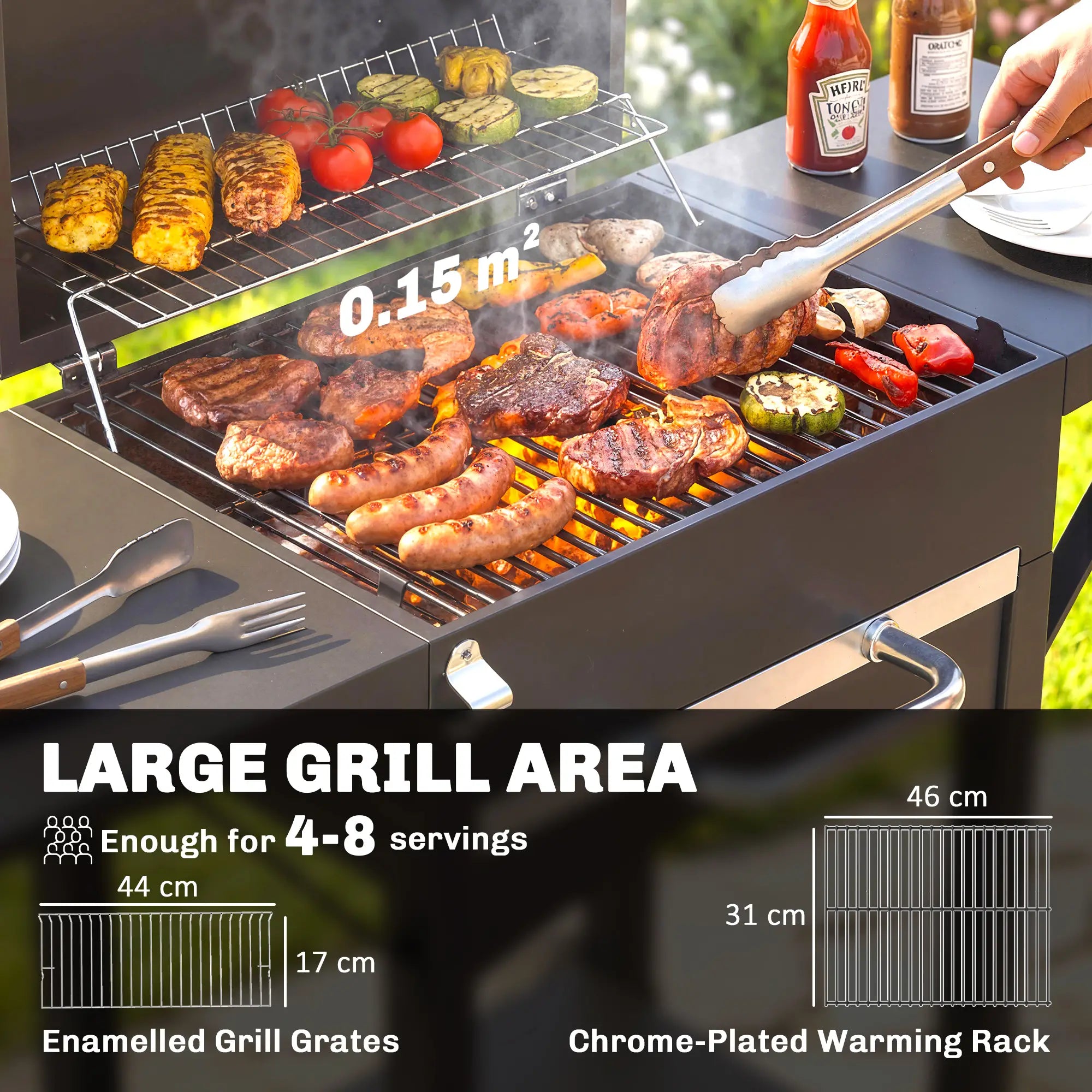 Charcoal Grill With Side Tables, Barbecue Smoker With Thermometer, 43.3