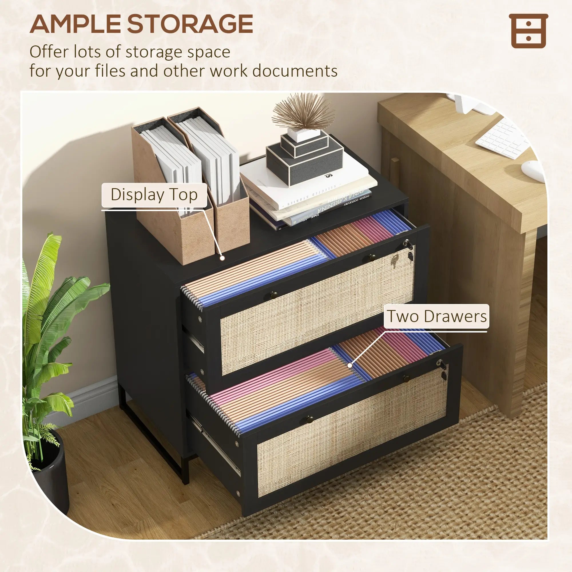 2-Drawer Filing Cabinet with Lock, Rattan, Adjustable Hanging Bar, Black Office Cabinets & Cupboards at Gallery Canada