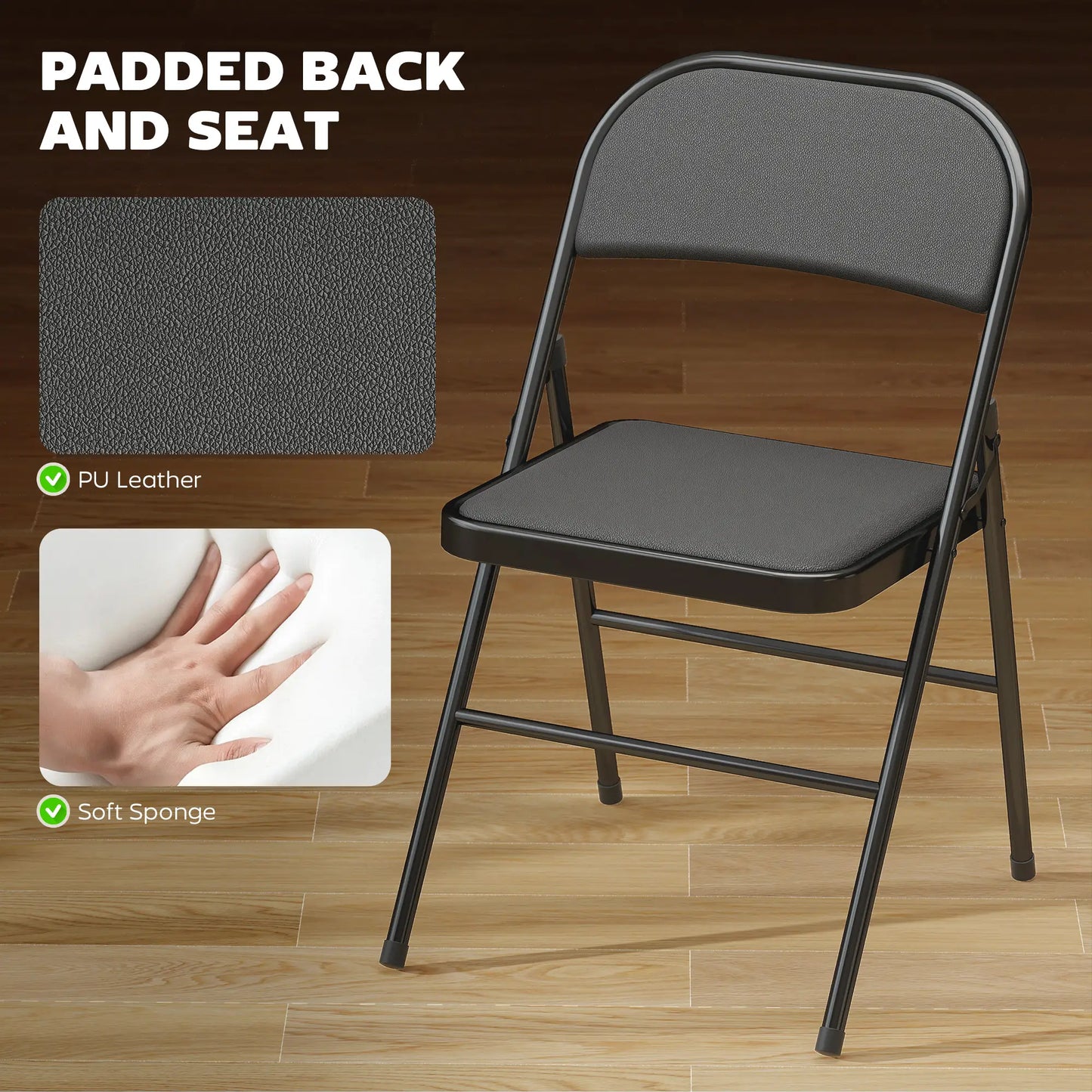 Set of 6 Metal Foldable Chairs, PU Leather Padded, Black Dining Chairs at Gallery Canada