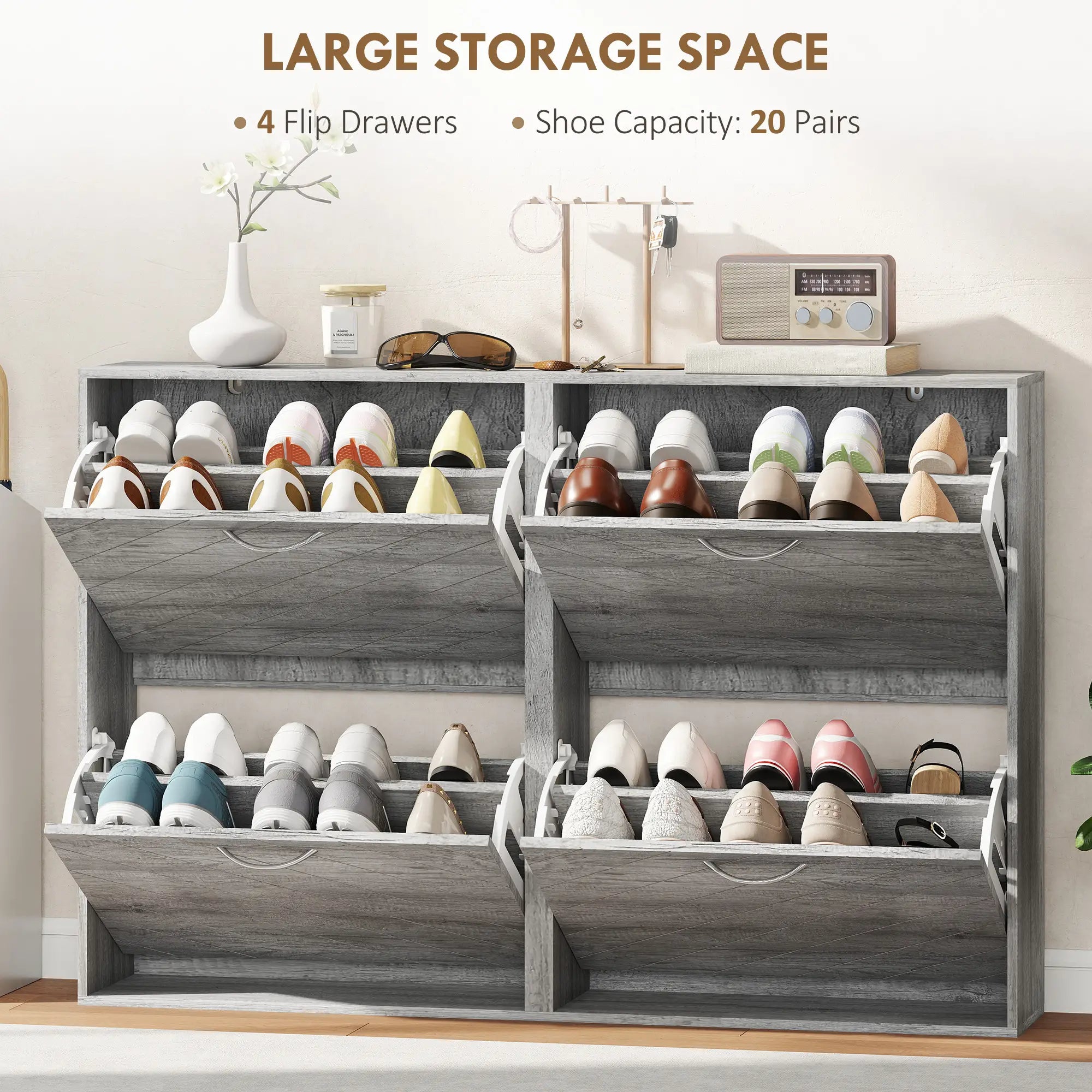 Shoe Storage Cabinet, 4 Flip Drawers, Narrow Slim, 12 Pair Organizer, Grey Shoe Storage Cabinets & Racks at Gallery Canada