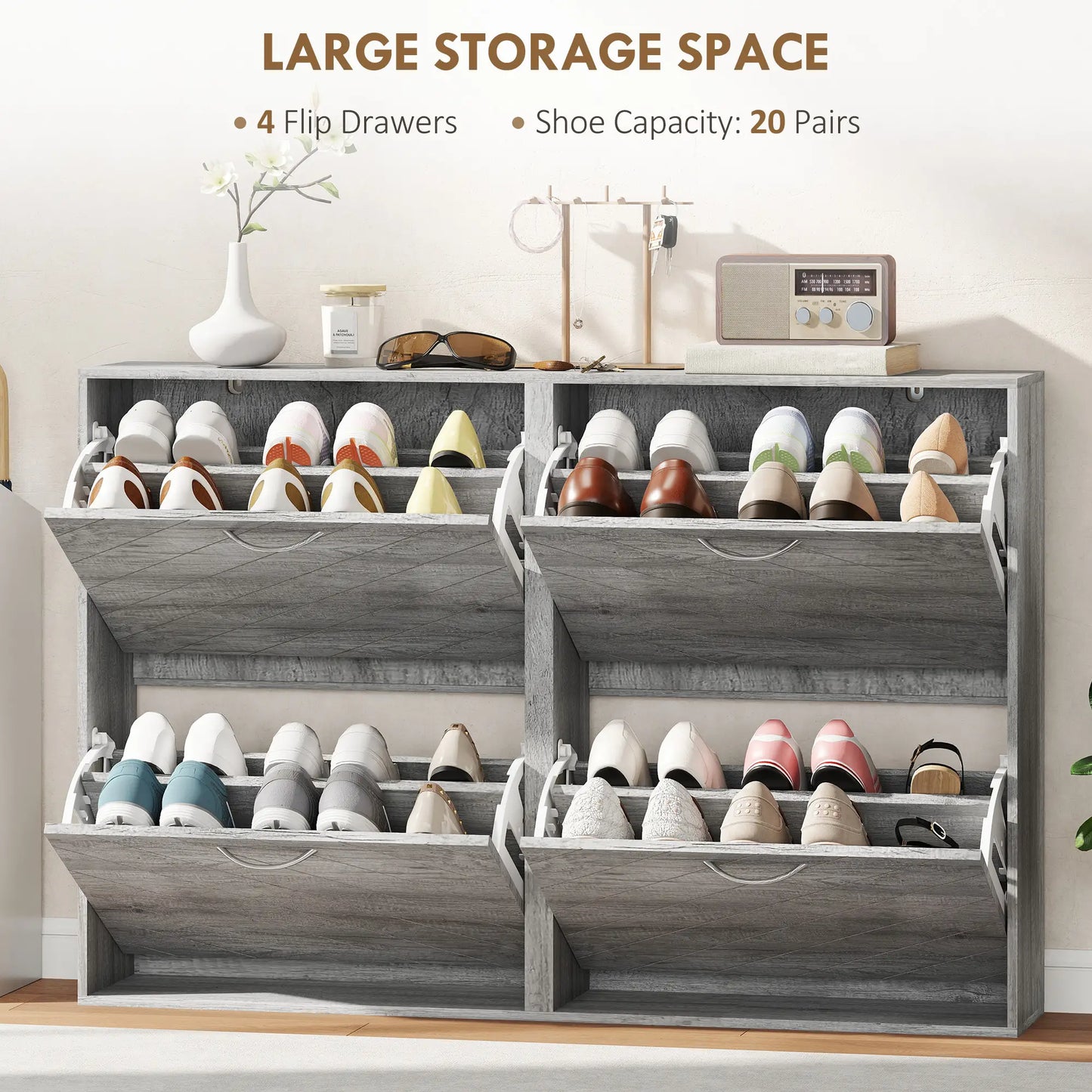 Shoe Storage Cabinet, 4 Flip Drawers, Narrow Slim, 12 Pair Organizer, Grey Shoe Storage Cabinets & Racks at Gallery Canada