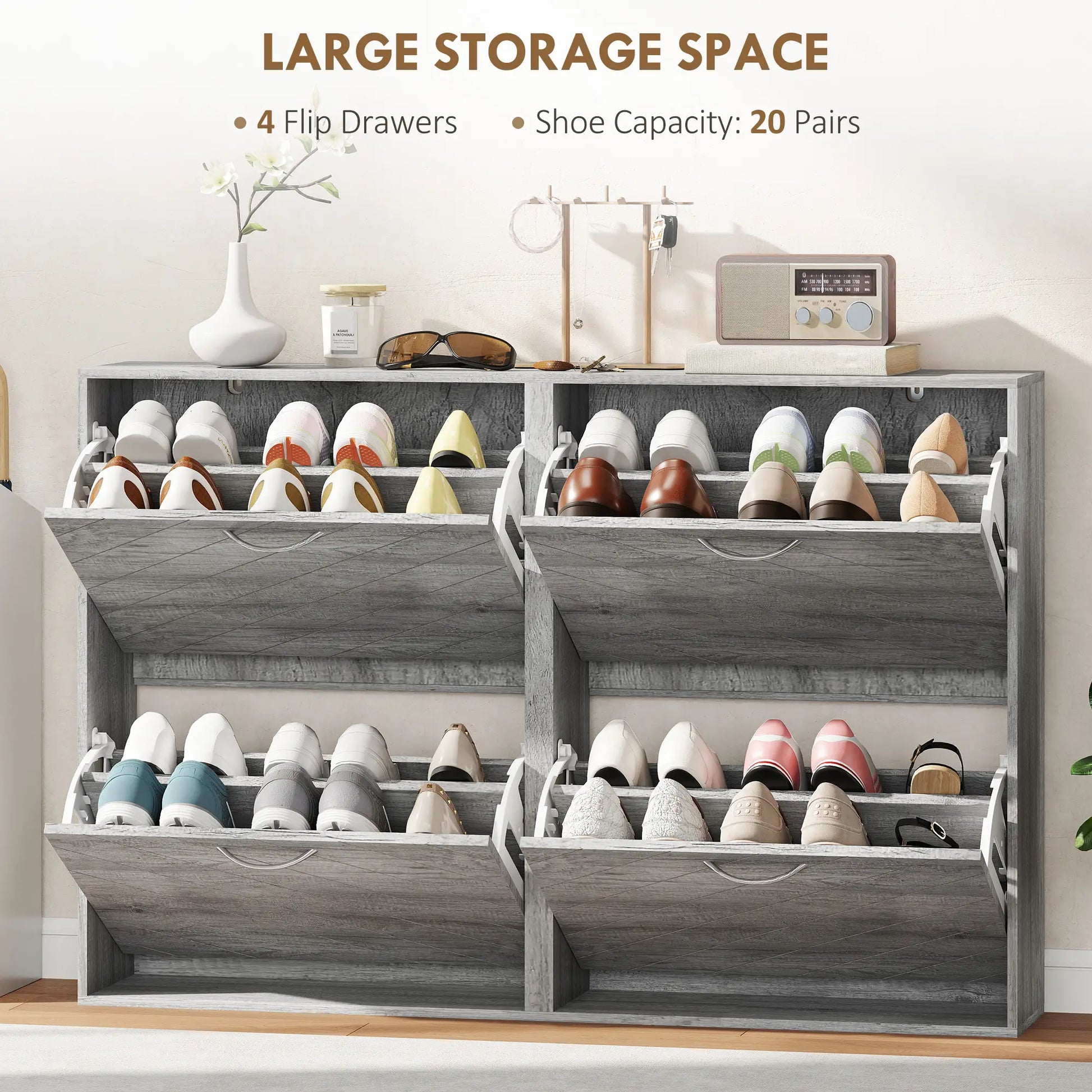 Shoe Storage Cabinet, 4 Flip Drawers, Narrow Slim, 12 Pair Organizer, Grey Shoe Storage Cabinets & Racks at Gallery Canada