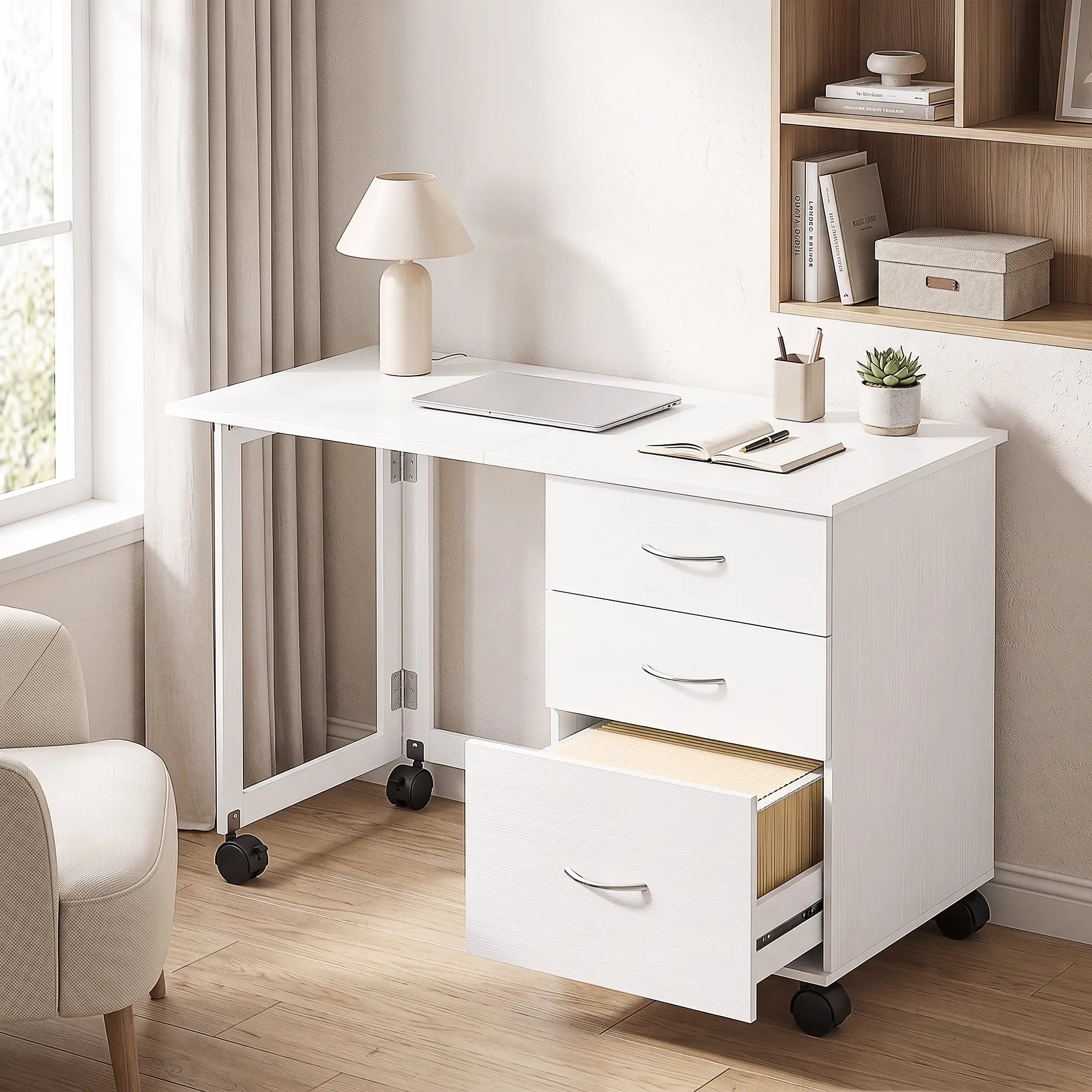 Foldable Computer Desk, 3 Drawers, White Computer Desks at Gallery Canada