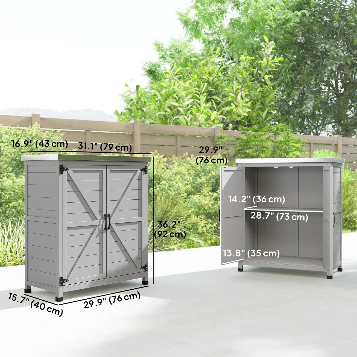 Outdoor Garden Storage Cabinet, Potting Bench with Metal Tabletop, Shelf, Grey Sheds at Gallery Canada