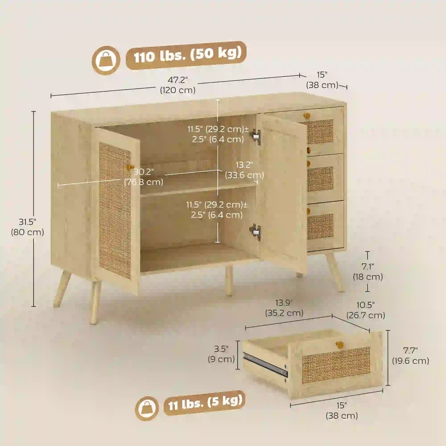 47 Inch Buffet Cabinet, Rattan Sideboard with Drawers, Natural Bar Cabinets at Gallery Canada