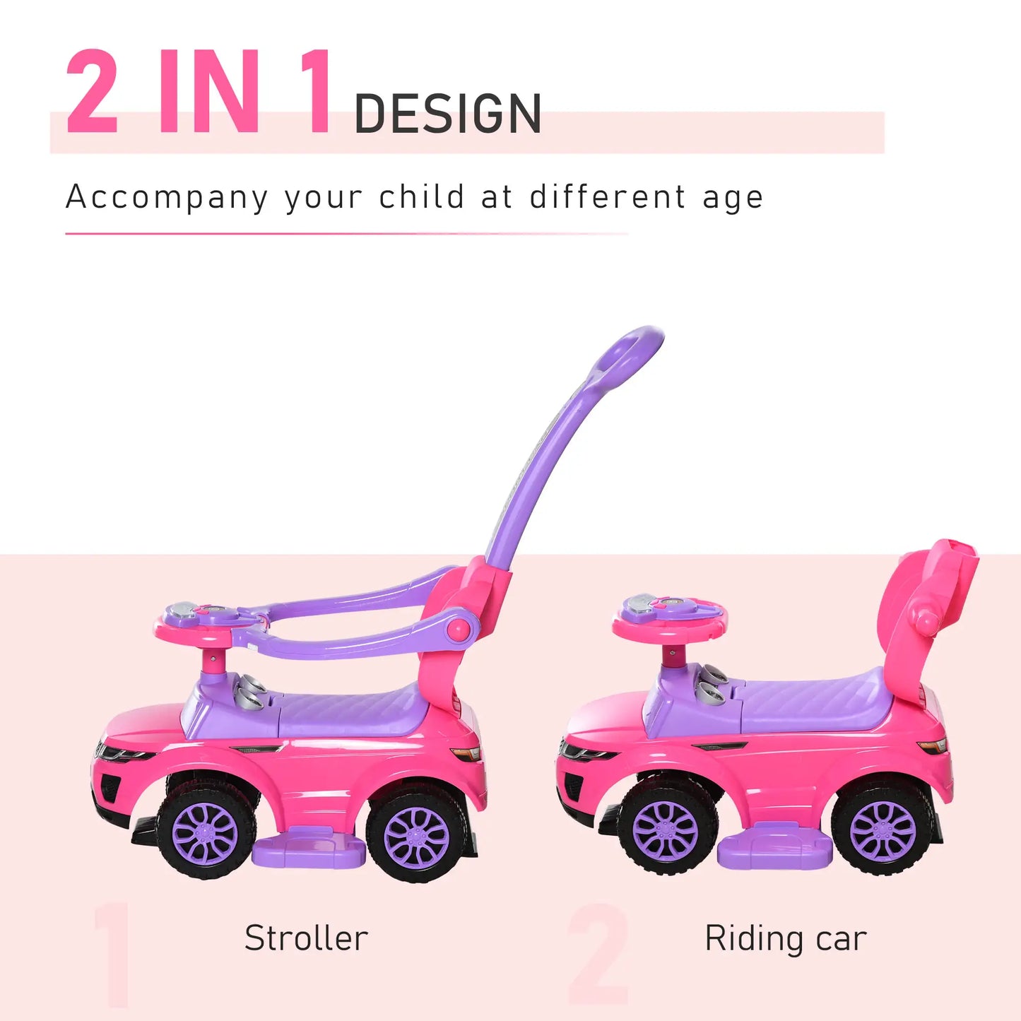 2 in 1 Kid Ride on Car, Push Stroller, 1-3 Years, Pink Push Cars for Toddlers at Gallery Canada