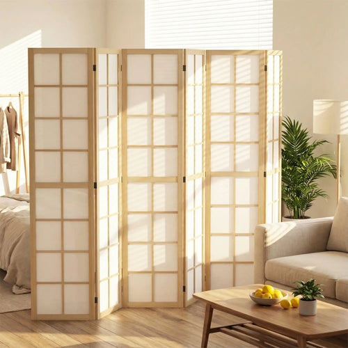 6 Panel Room Divider, 5.6 ft, Natural Wood, Folding Wall Partition