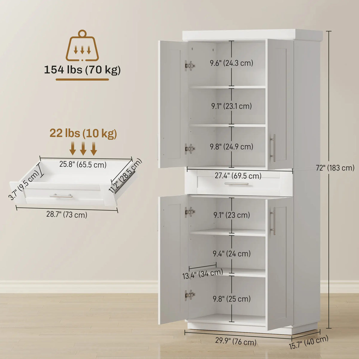 72" Storage Cabinet, Freestanding Kitchen Pantry Cabinet with 4 Doors, Drawer and 3 Adjustable Shelves, White Kitchen Pantry Cabinets at Gallery Canada