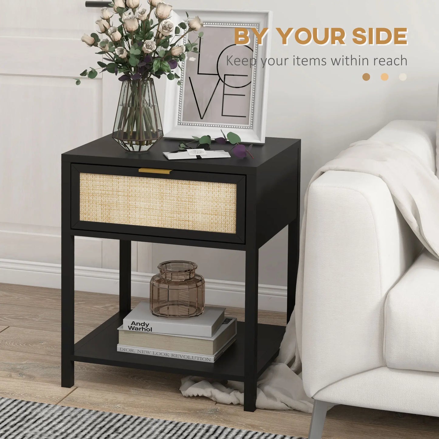 Boho Nightstand, Rattan Drawer, Open Shelf, Bedside Table, Black Bedside Tables at Gallery Canada