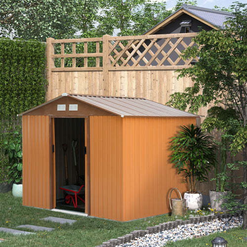 9.1' x 6.4' x 6.3 Garden Storage Shed w/Floor Foundation Outdoor Patio Yard Metal Tool Storage House w/ Double Doors Yellow