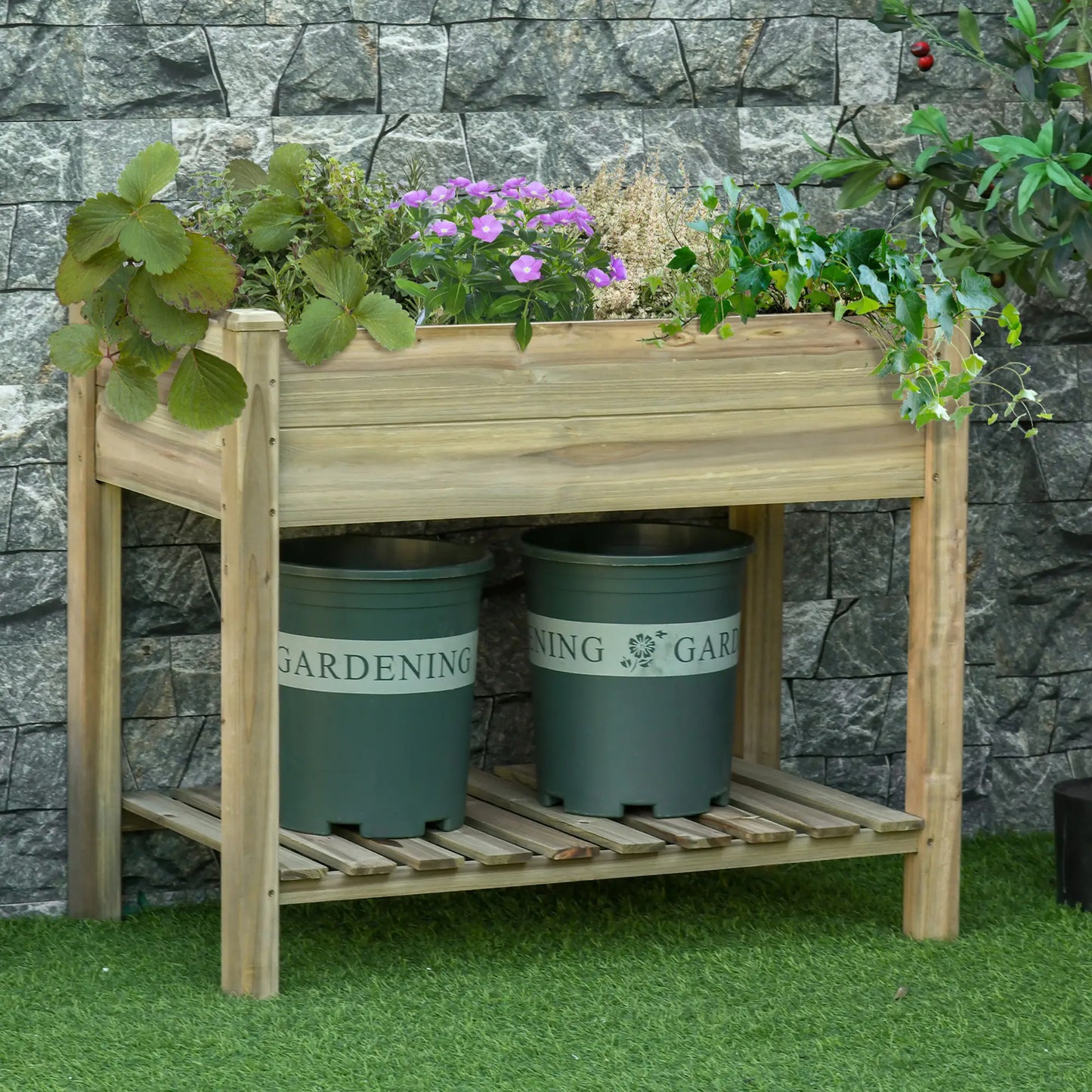 Elevated Wooden Planter Box With Legs And Storage Shelf, Green Elevated Garden Beds at Gallery Canada