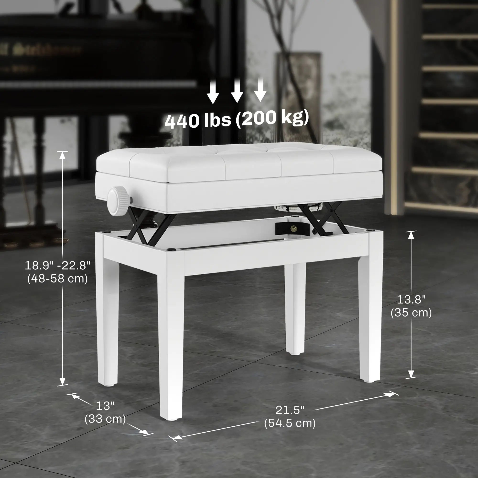 Adjustable Piano Bench, Storage, Soft PU Leather Padded, White Piano Benches at Gallery Canada