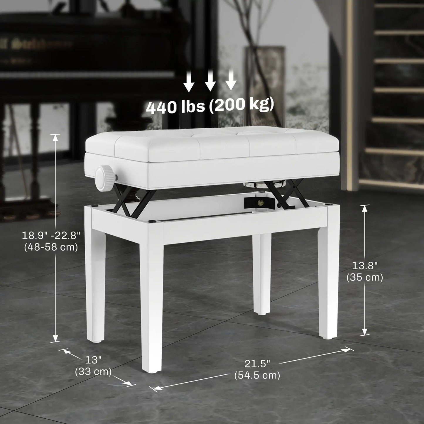 Adjustable Piano Bench, Storage, Soft PU Leather Padded, White Piano Benches at Gallery Canada