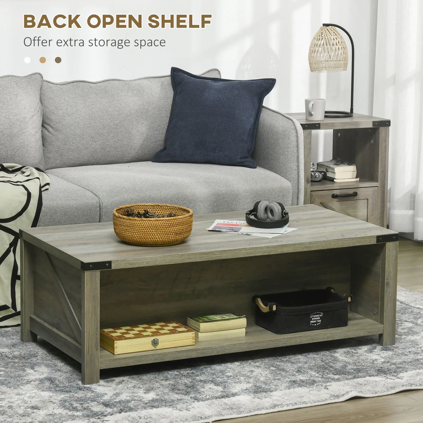 Farmhouse Coffee Table with Drawer, Storage Shelf, Grey Coffee Tables at Gallery Canada