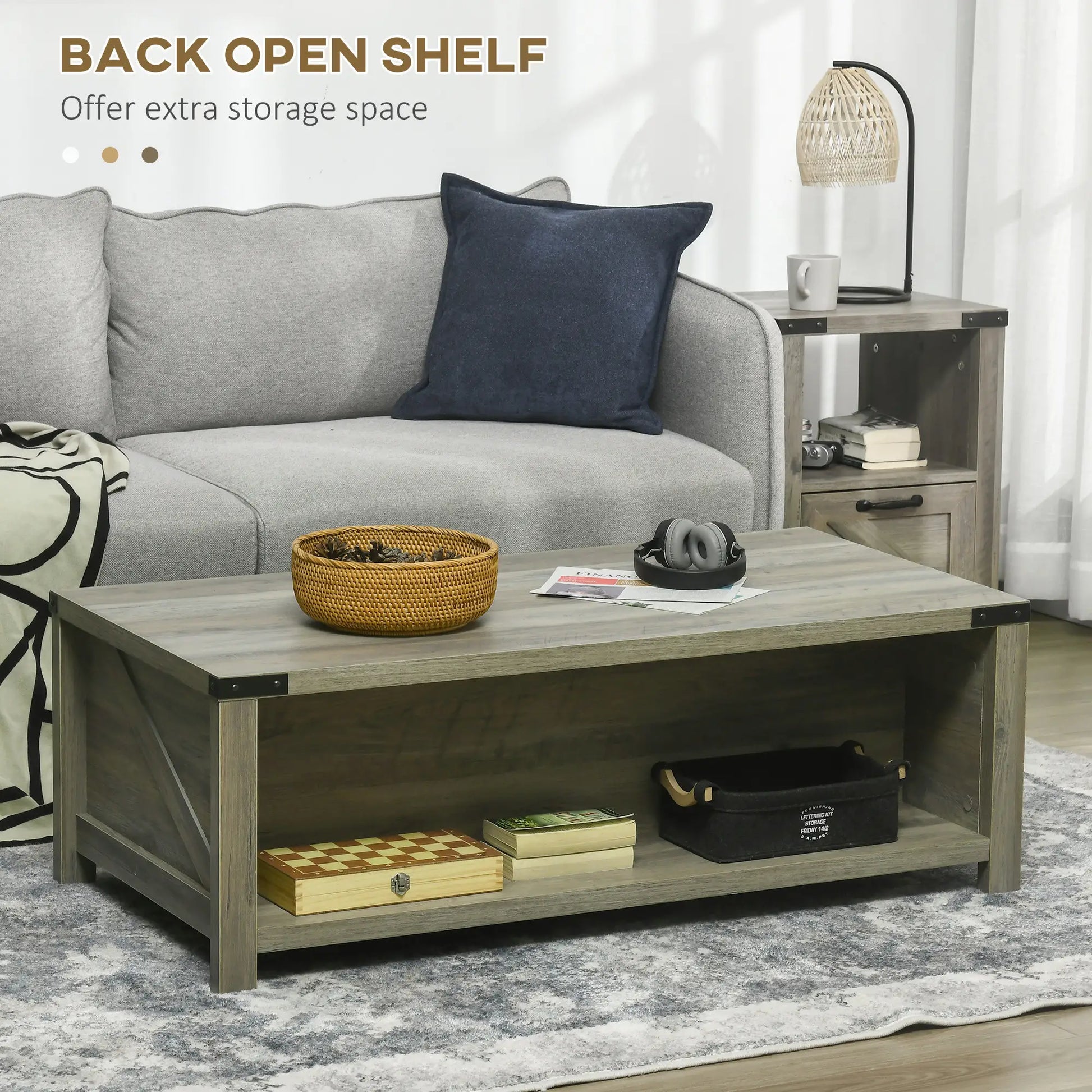 Farmhouse Coffee Table with Drawer, Storage Shelf, Grey Coffee Tables at Gallery Canada