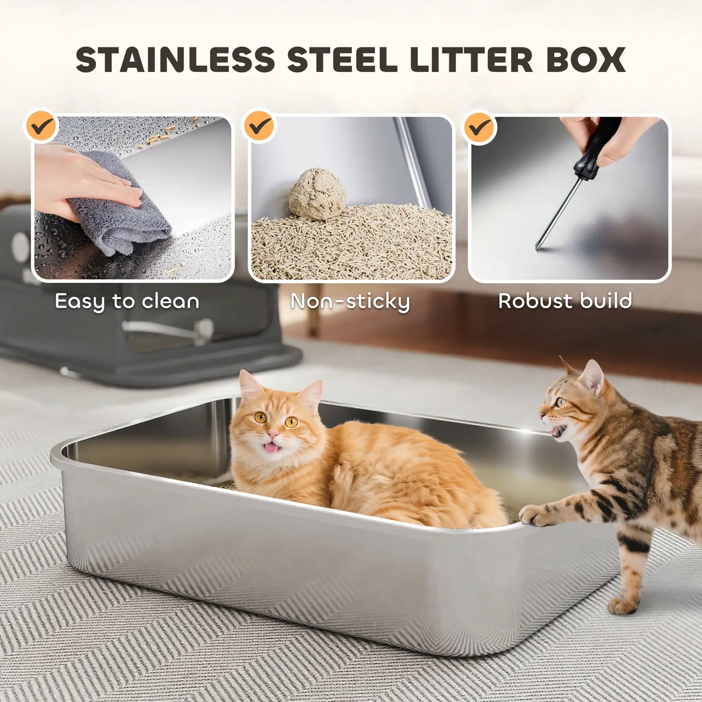Bac à litière pour chat en acier inoxydable XXL, fermé, côtés hauts, noir
