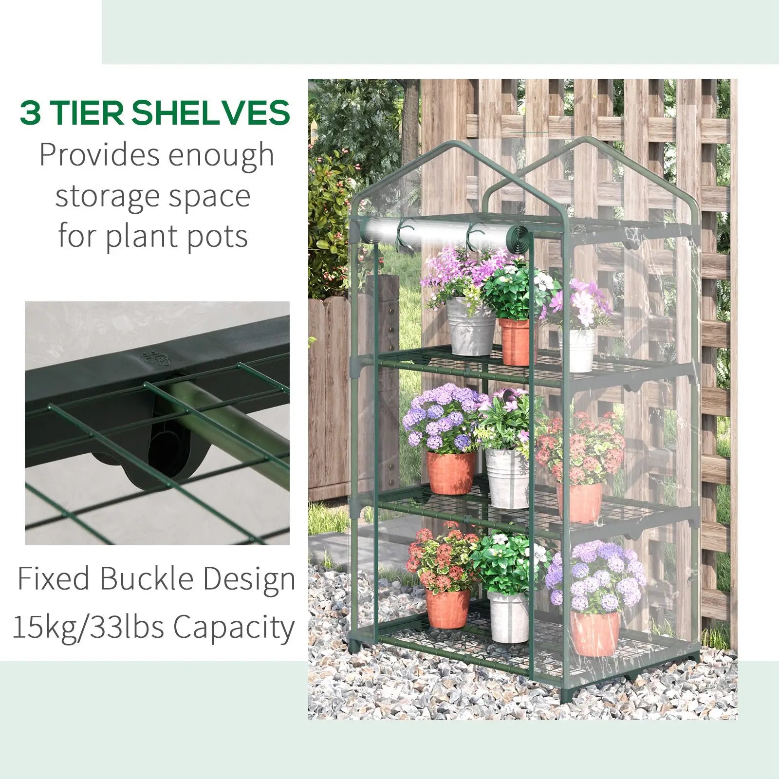 3 Tier Mini Greenhouse, Portable with Shelf Clips, Plastic Cover, Steel Frame, 27