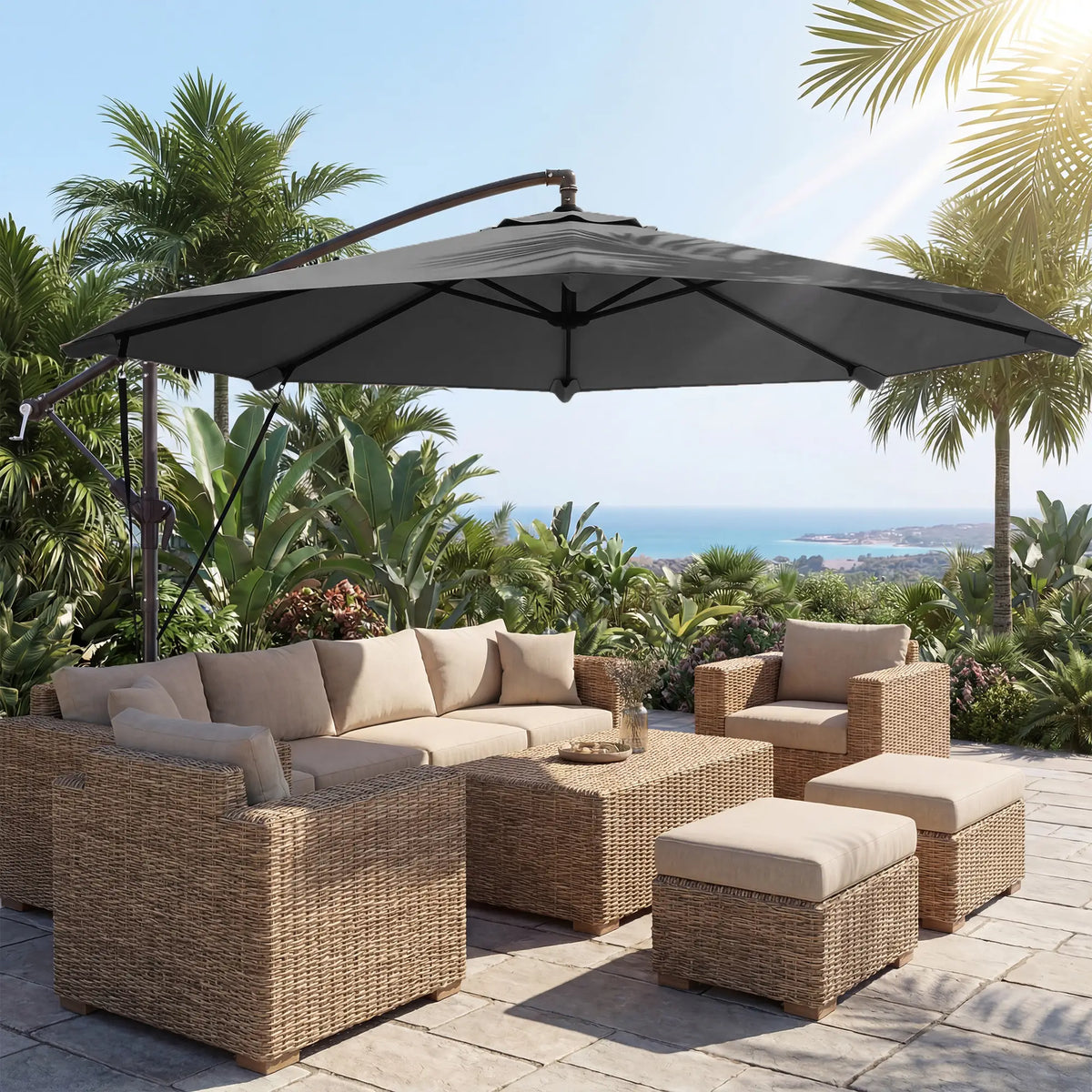 10FT Cantilever Patio Umbrella, 8 Ribs, Cover, Wind Ropes, Dark Grey Offset Cantilever Umbrellas at Gallery Canada