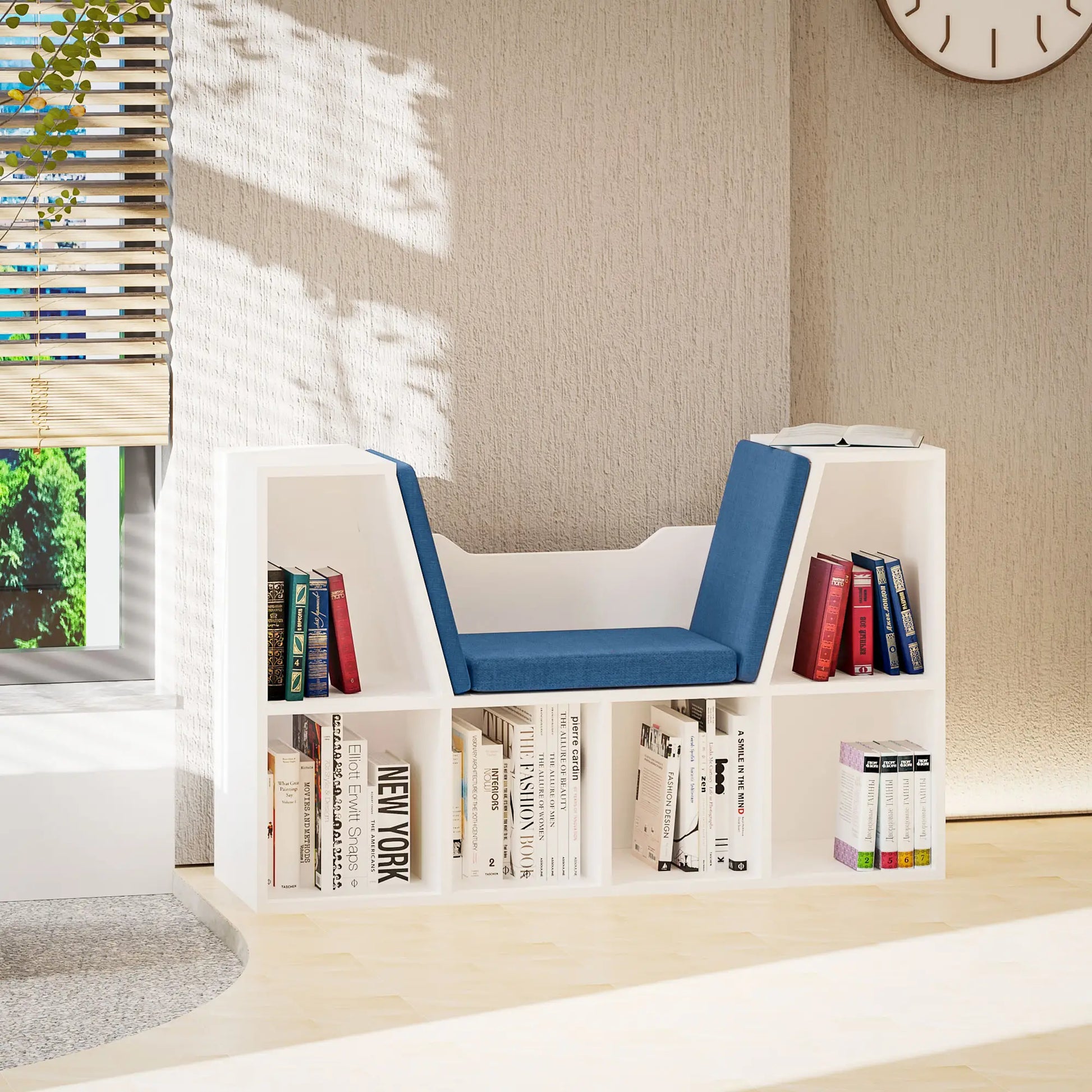 6-Cubby Bookcase with Seat Cushion, Cube Storage Shelf, Blue White Bookshelves at Gallery Canada