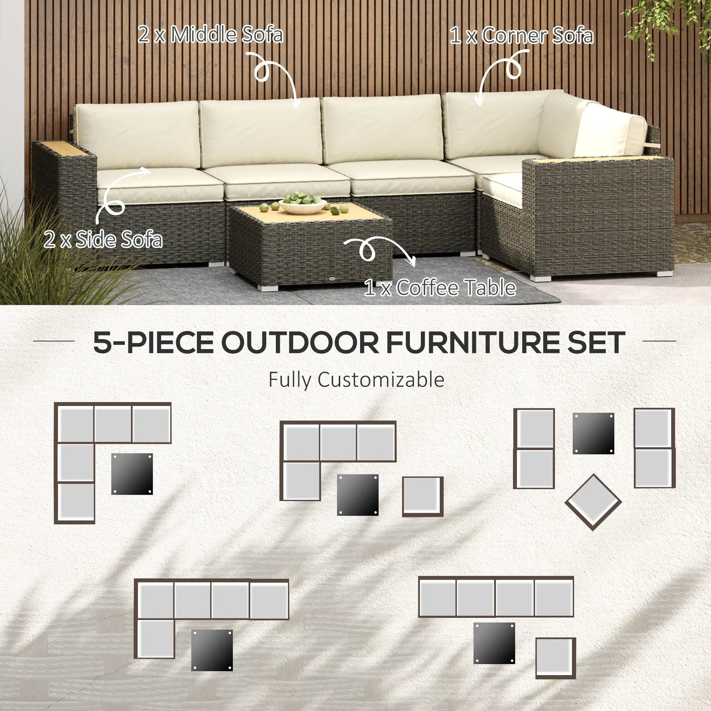 6-Piece Outdoor Rattan Patio Set, Corner Sofa, Wood-Plastic Table, Light Khaki Patio Furniture Sets at Gallery Canada