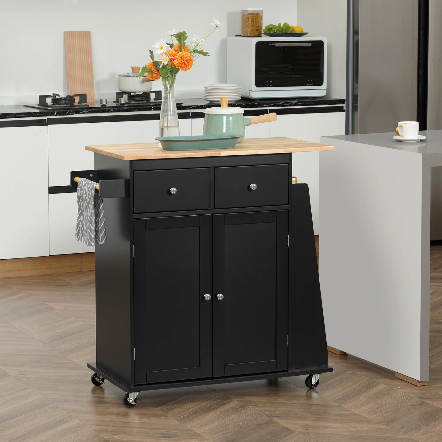 Rolling Kitchen Island Cart, Rubber Wood Top, 3-Tier Spice Rack, Black Kitchen Islands & Kitchen Carts at Gallery Canada