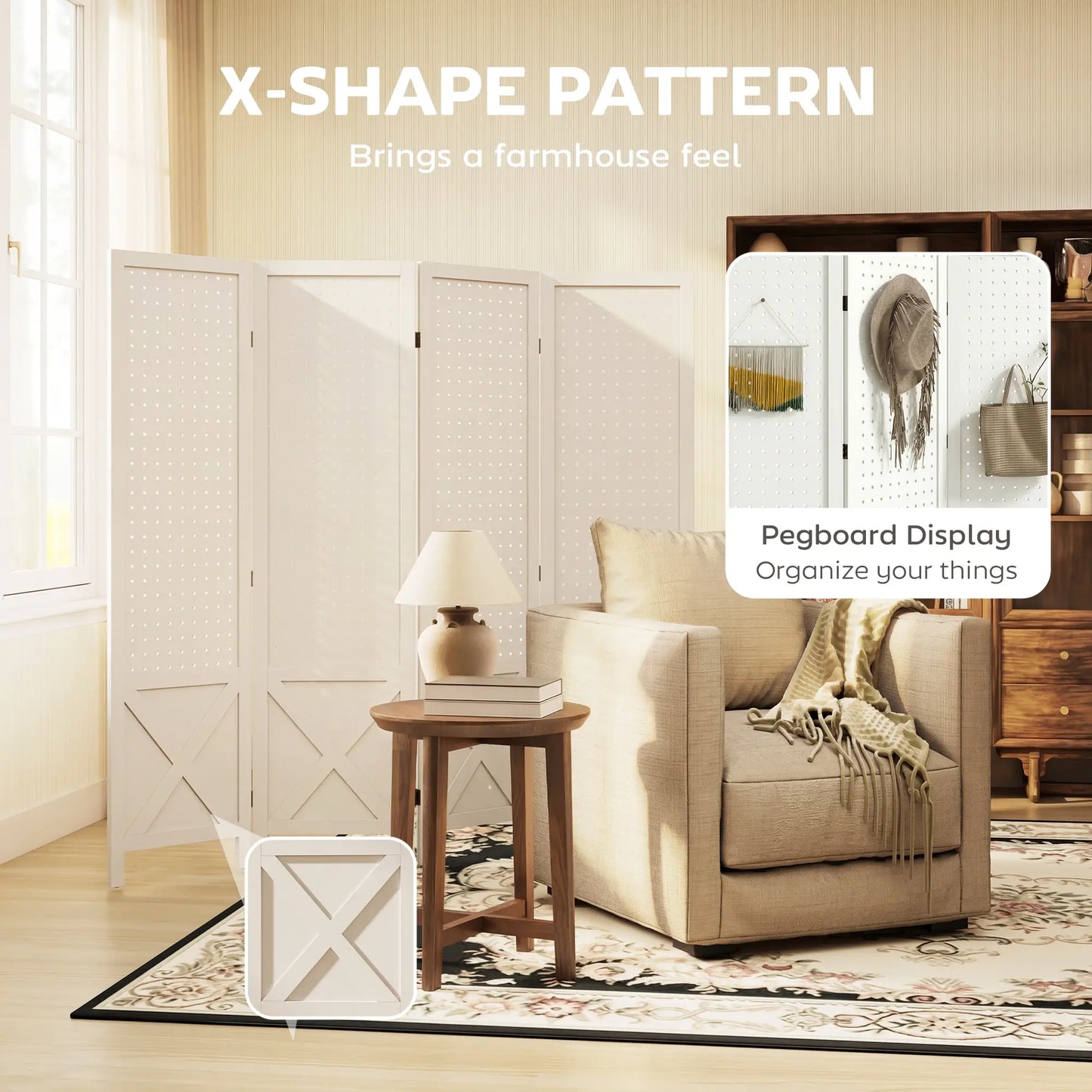 56.9" Wooden Room Divider, 4 Panel Folding Privacy Screen, White Room Dividers at Gallery Canada