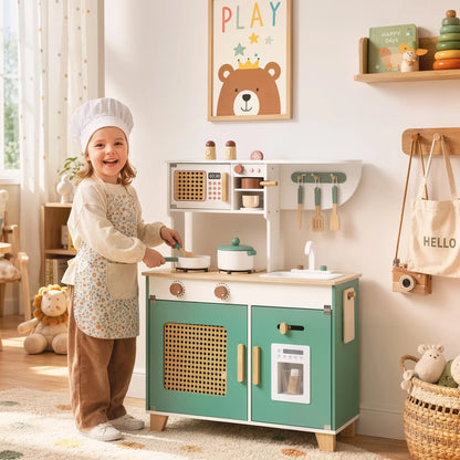 Wooden Play Kitchen Set, 19PCs, Ages 3-6, Green