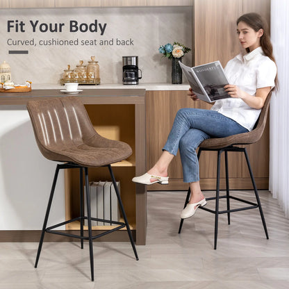 Set of 2 Counter Height Barstools, PU Leather, Brown Bar Stools at Gallery Canada