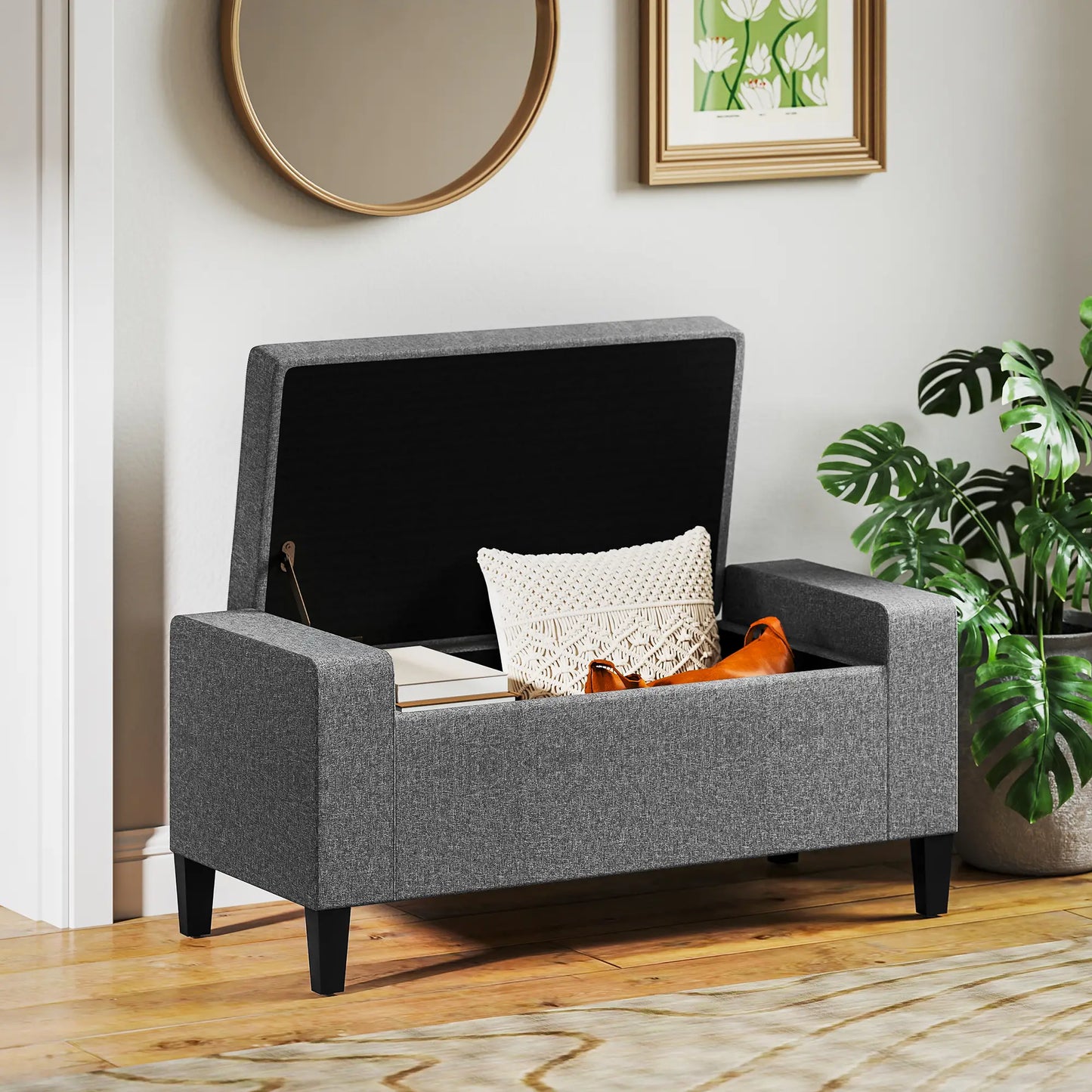Storage Ottoman Bench, Tufted Linen Fabric, Flipping Top, Grey Storage Ottomans & Benches at Gallery Canada