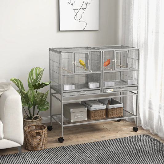 Large Double Rolling Metal Bird Cage, Removable Tray Storage Shelf Bird Cages Light Grey at Gallery Canada