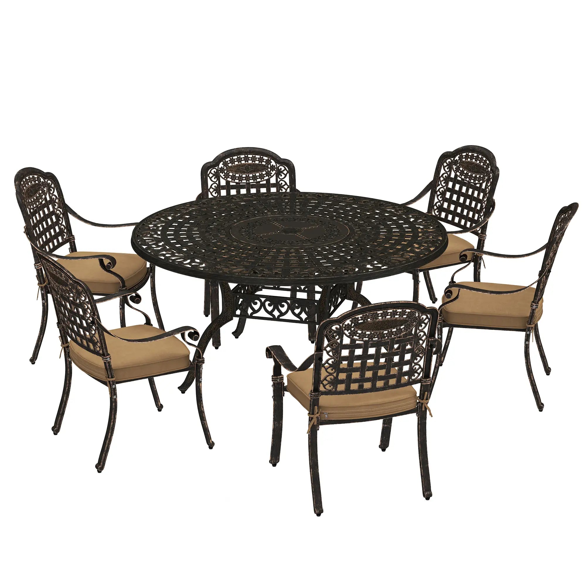 7-Piece Outdoor Dining Set, Aluminum Table and Chairs, 6-Person, Bronze Outdoor Dining Sets Bronze, Khaki at Gallery Canada