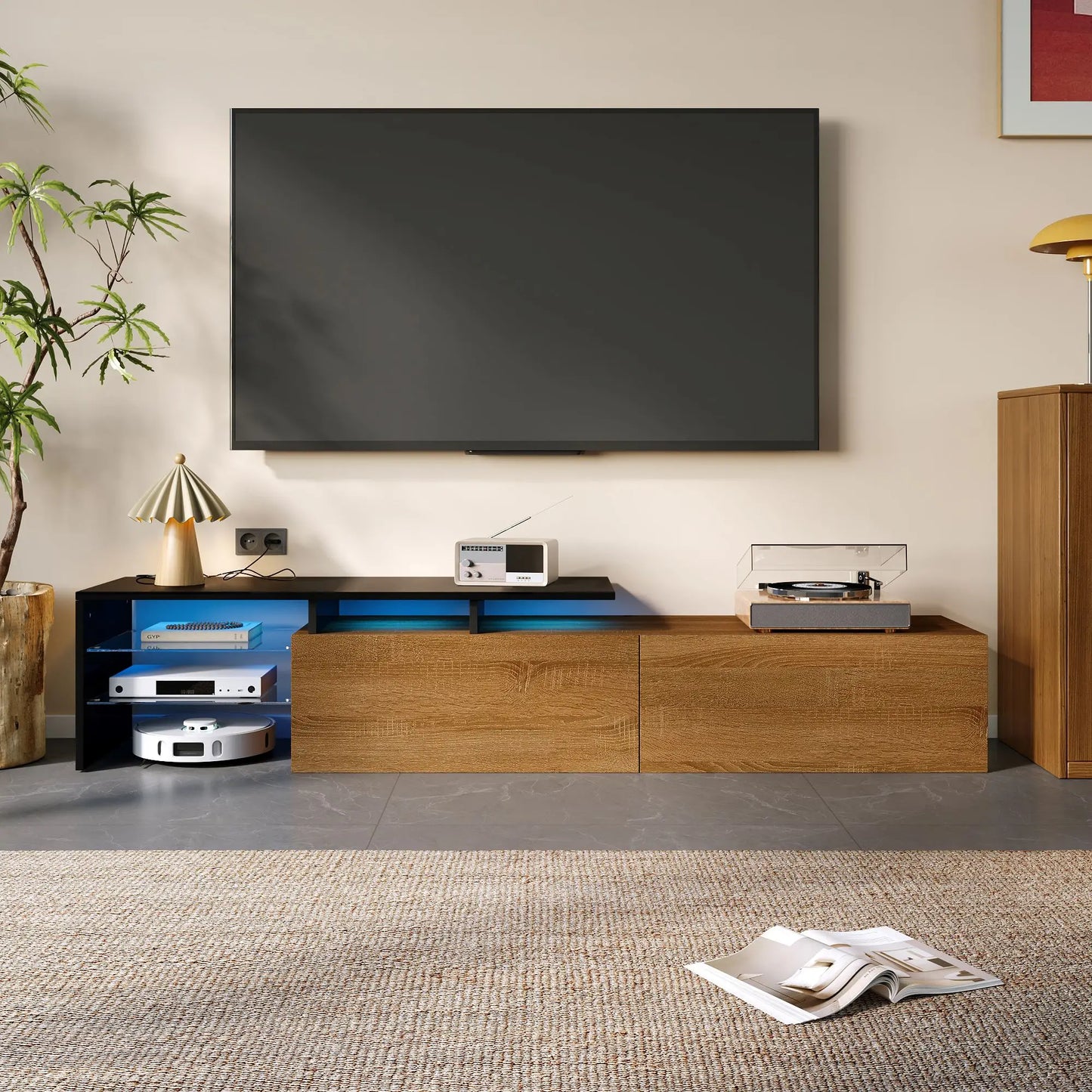 TV Stand With Glass Shelves, LED Lighting, 67" L x 13" W x 13" H, Natural, Black TV Stands at Gallery Canada