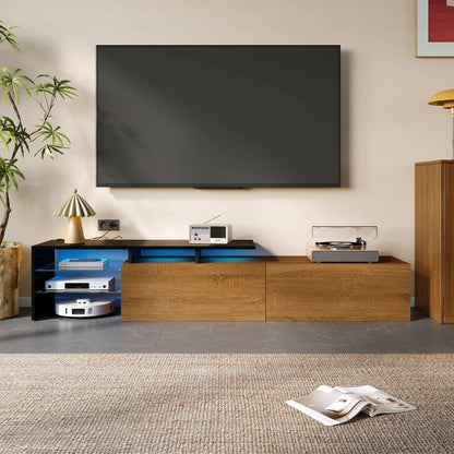 TV Stand With Glass Shelves, LED Lighting, 67" L x 13" W x 13" H, Natural, Black TV Stands at Gallery Canada