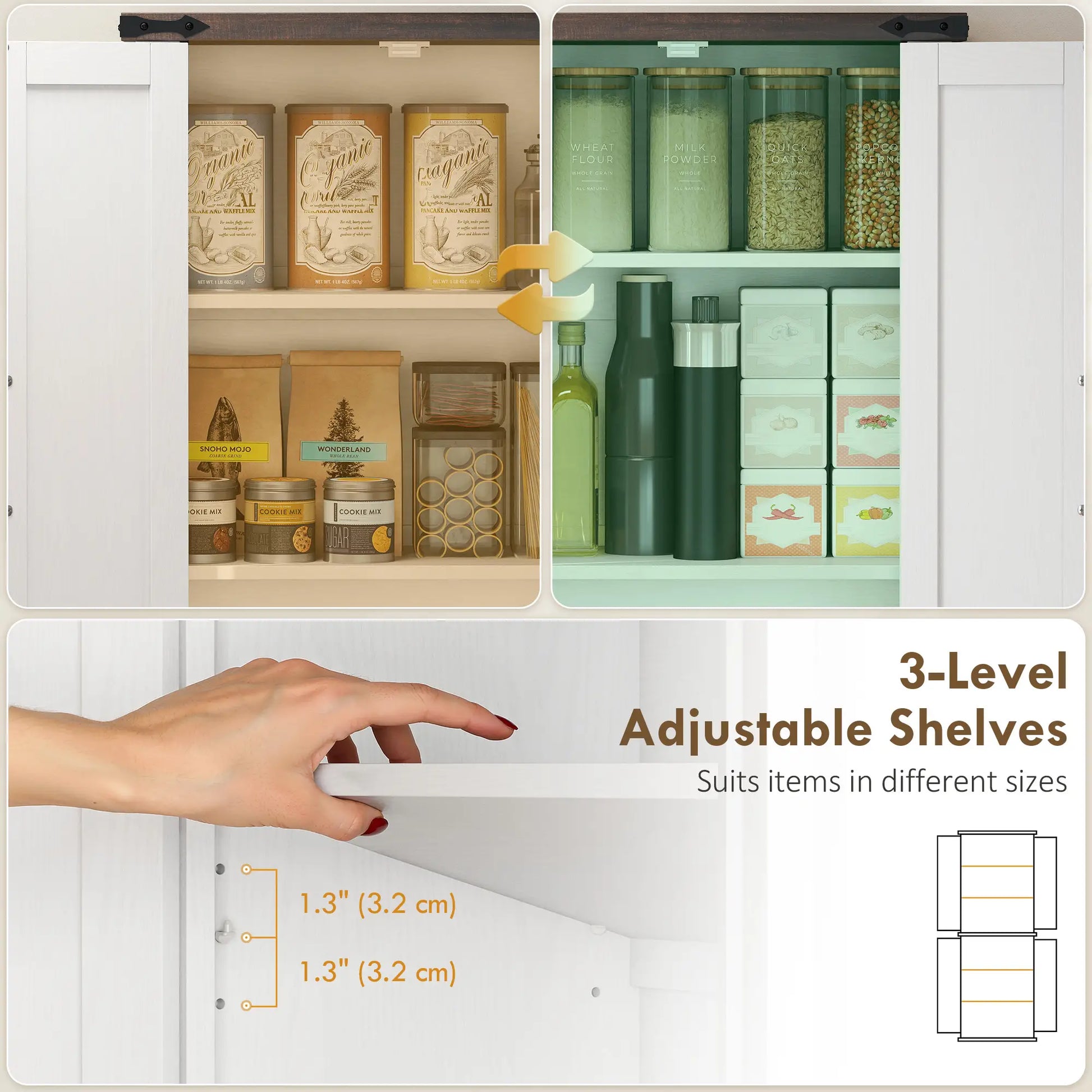 72" Pantry Cabinet, Farmhouse Kitchen Storage, Adjustable Shelves, White Kitchen Pantry Cabinets at Gallery Canada